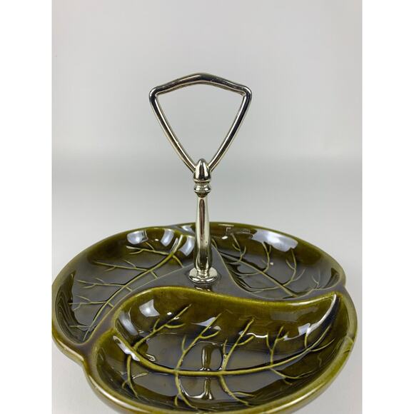 Royal Haeger Green Divided Serving Dish Handle Leaf Pattern 849-H Vintage READ - Picture 5 of 7